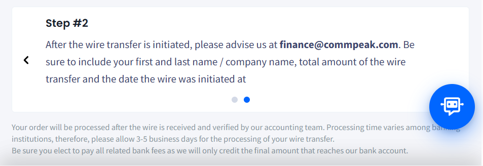 Screenshot of the Wire transfer instructions - Step 2