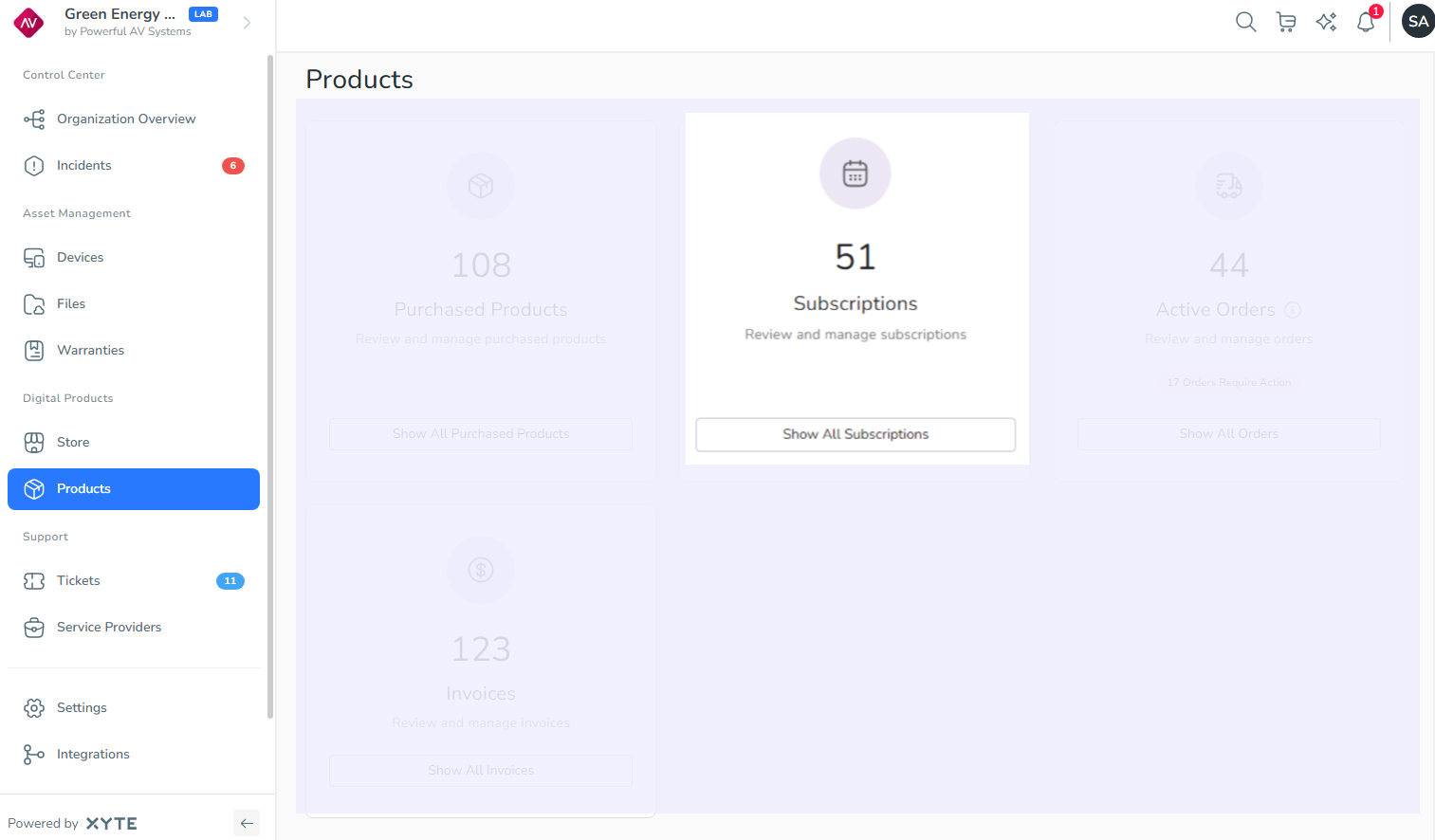 Products page with the Subscriptions tile highlighted.