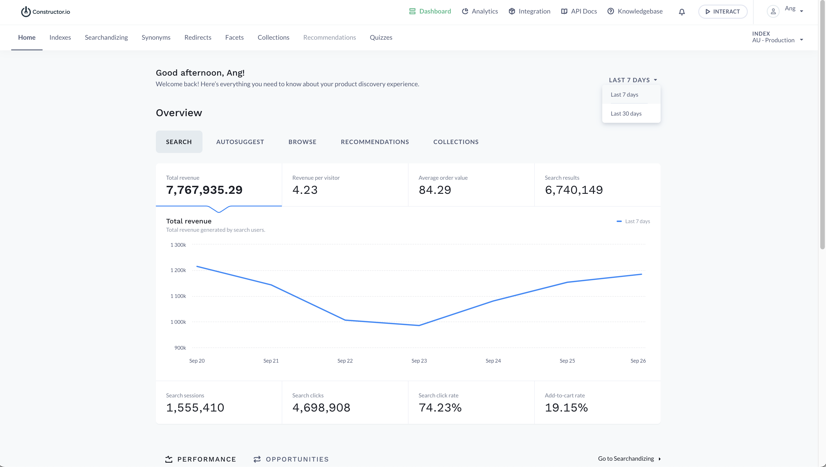 Constructor dashboard home view - search