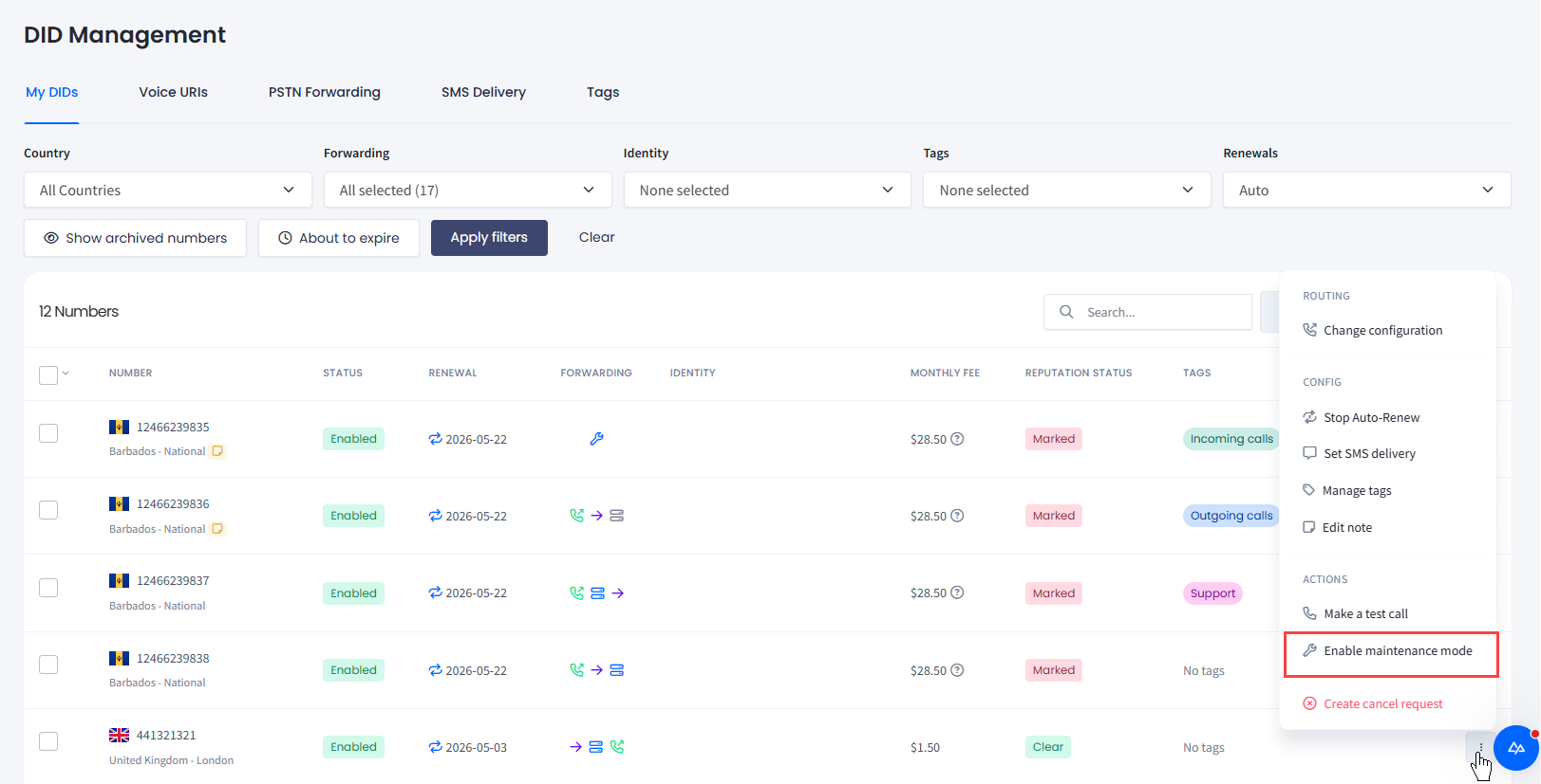 Screenshot of the Enable maintenance mode action