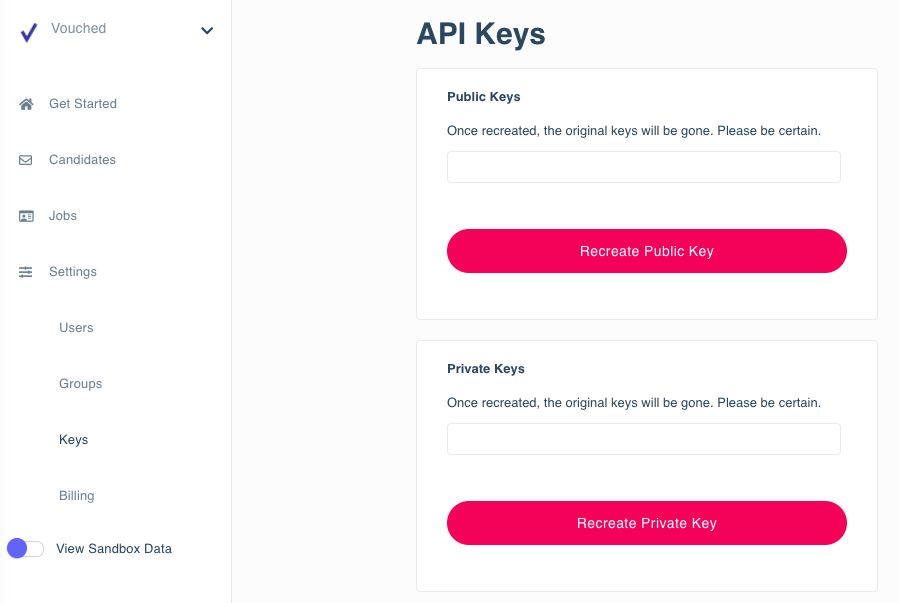 API Keys screen in the Dashboard