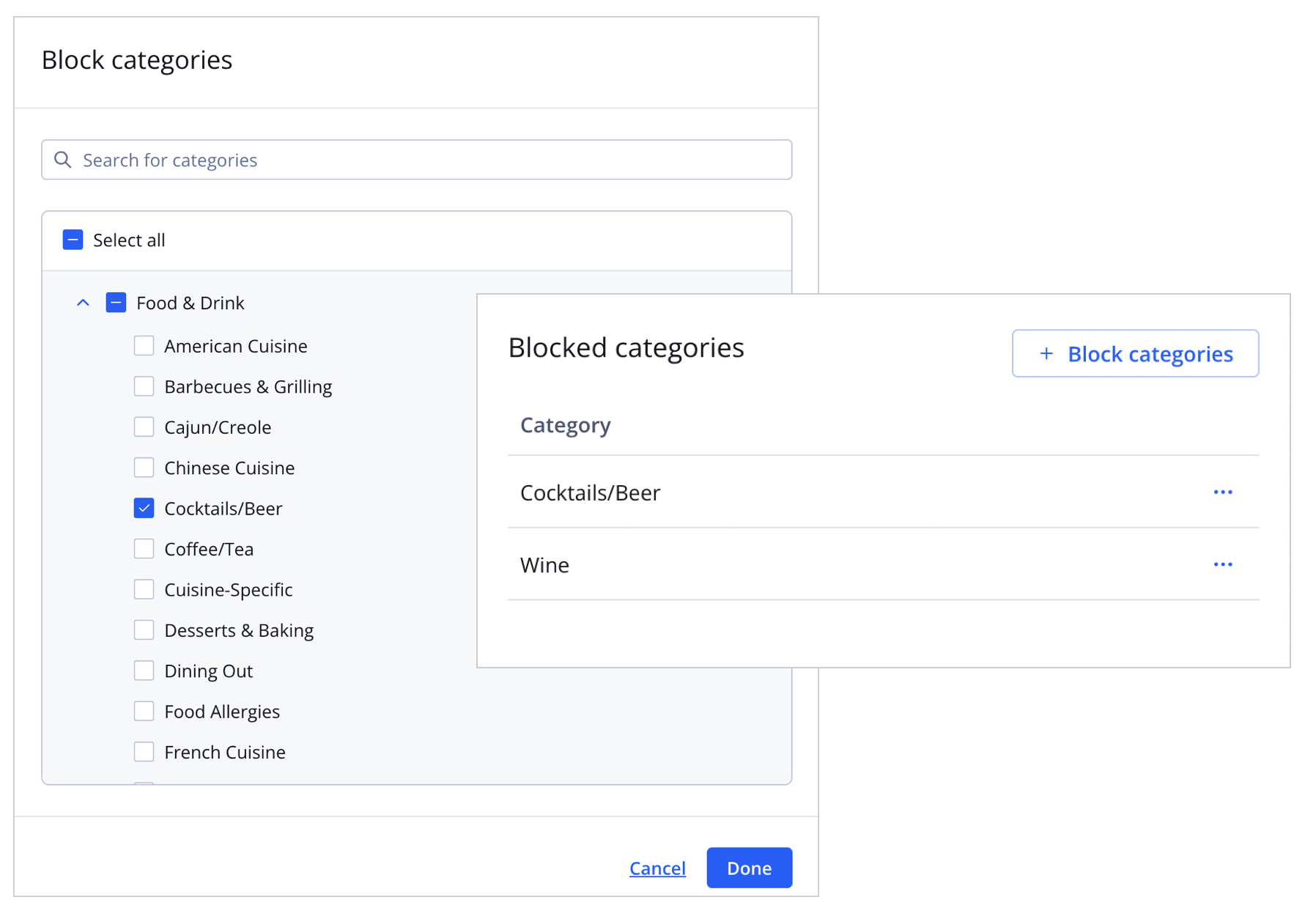 Block categories panel and Block categories section