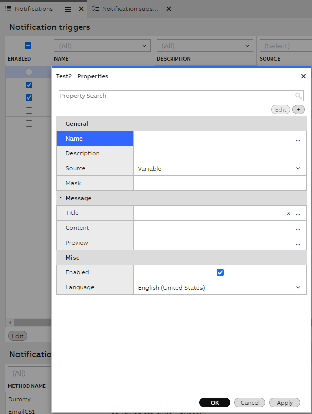 NotificationTrigger settings shown in dialog window. Provides possibility to add and edit.