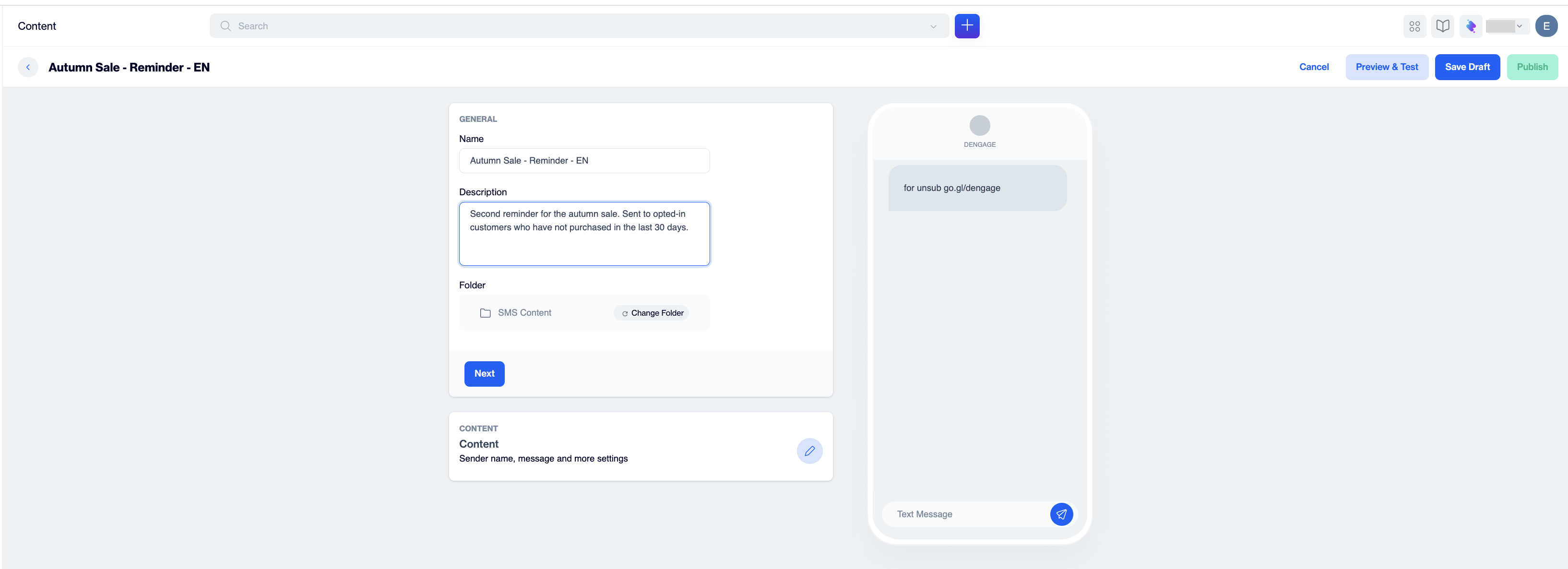 _The General card of a new SMS content with Name, Description and Folder fields and a Next button, with an empty phone preview on the right_