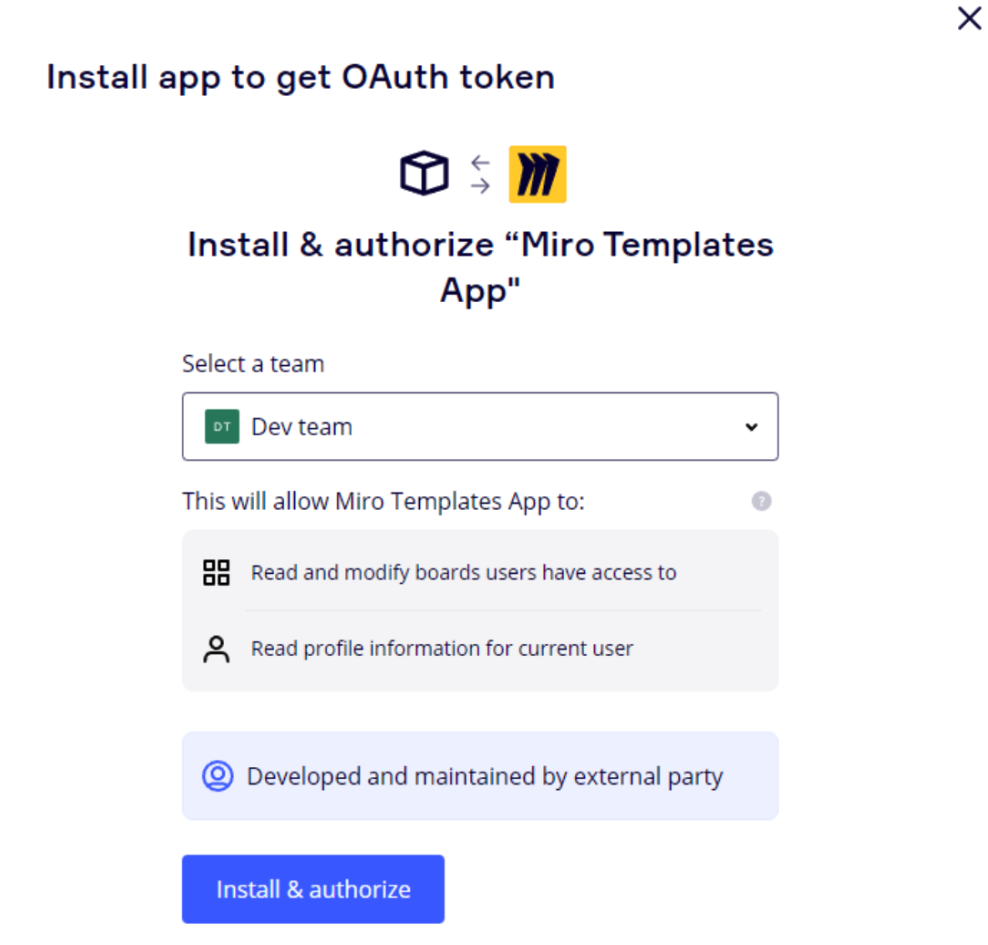 Figure 9. Install app to get OAuth token modal with Install & authorize button.