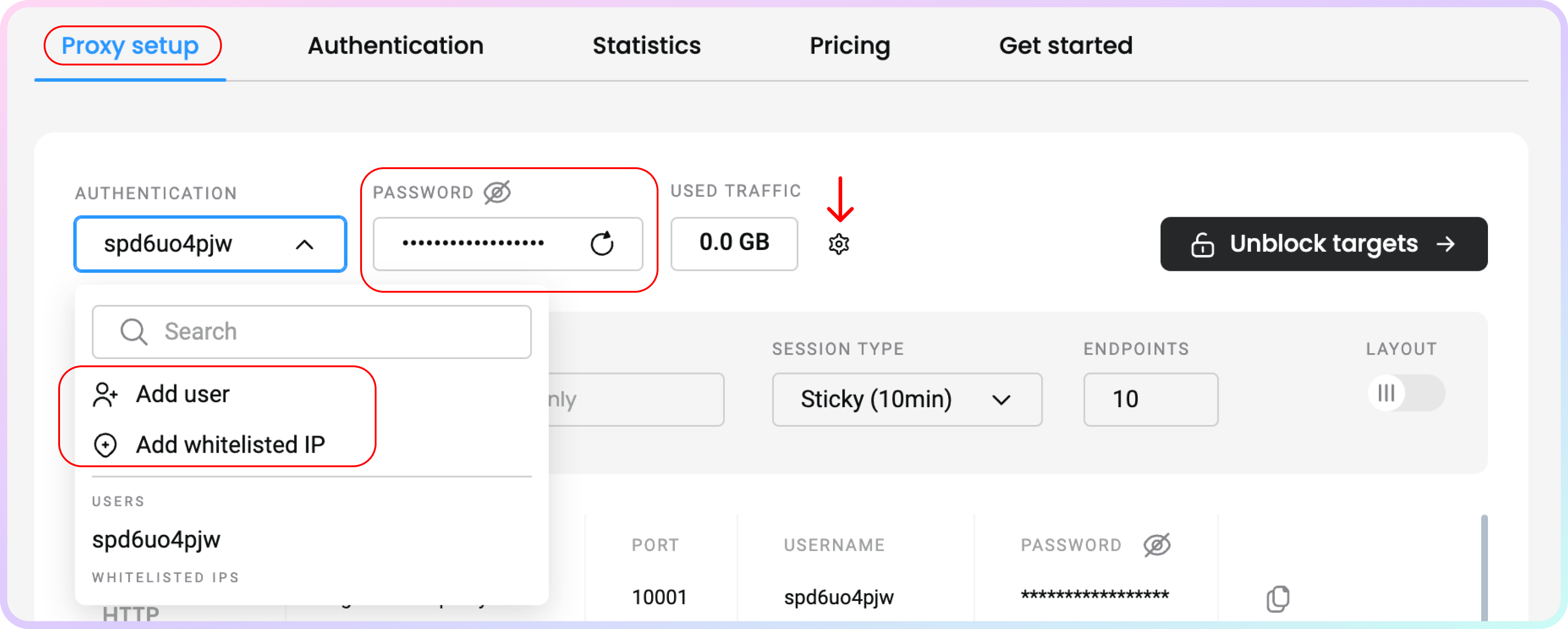 Proxy setup section – proxy user management.