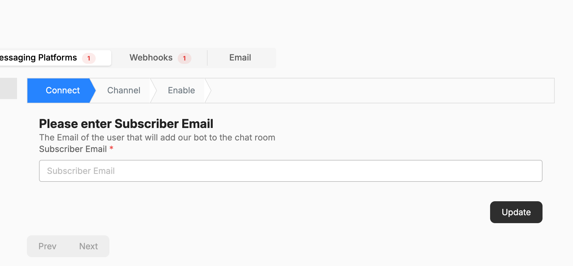 Google Chat — Connect stage (Subscriber Email).