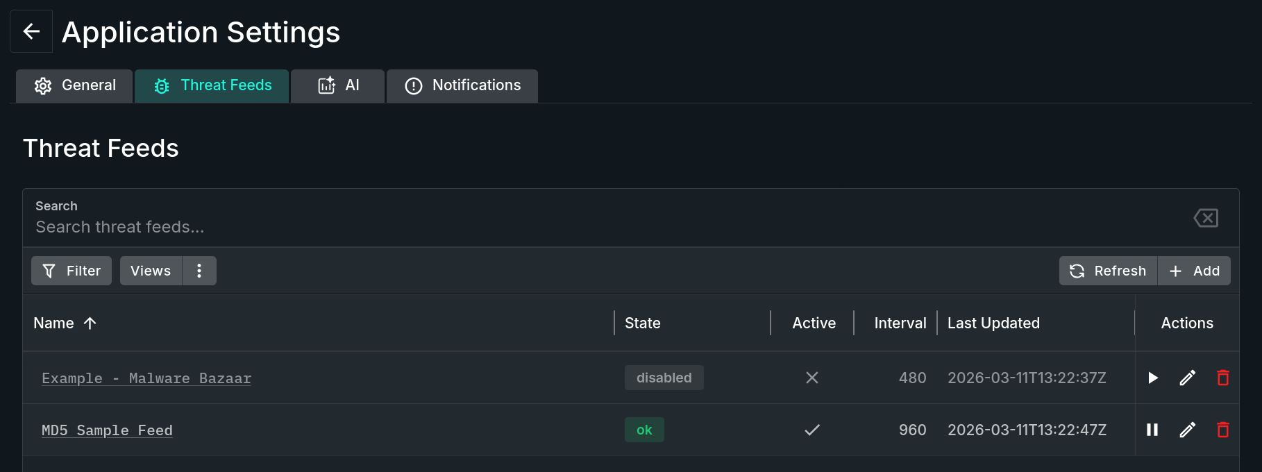 A screenshot of the Threat Feeds tab.