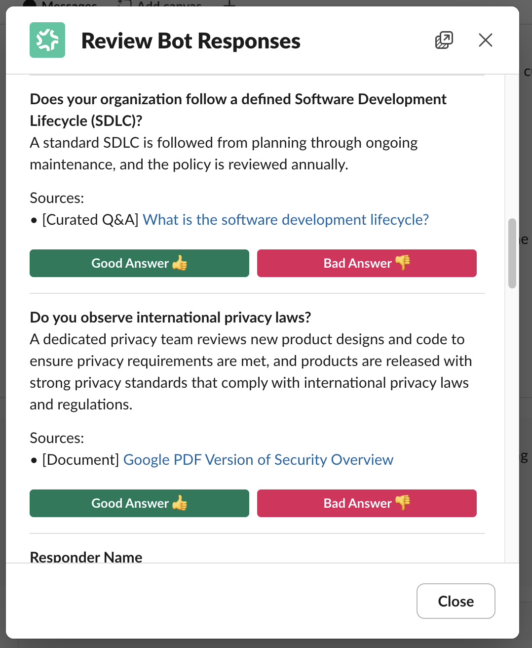 The Review Bot Responses modal showing a question, the bot's answer, a Sources list linking to a Curated Q&A and a document, and Good Answer and Bad Answer buttons.
