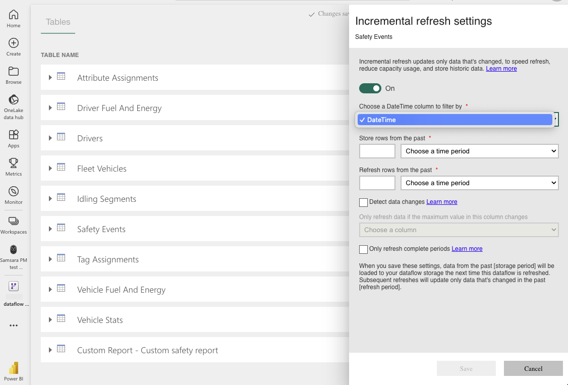 Example of incremental refresh for a dataflow connection in a Premium workspace.