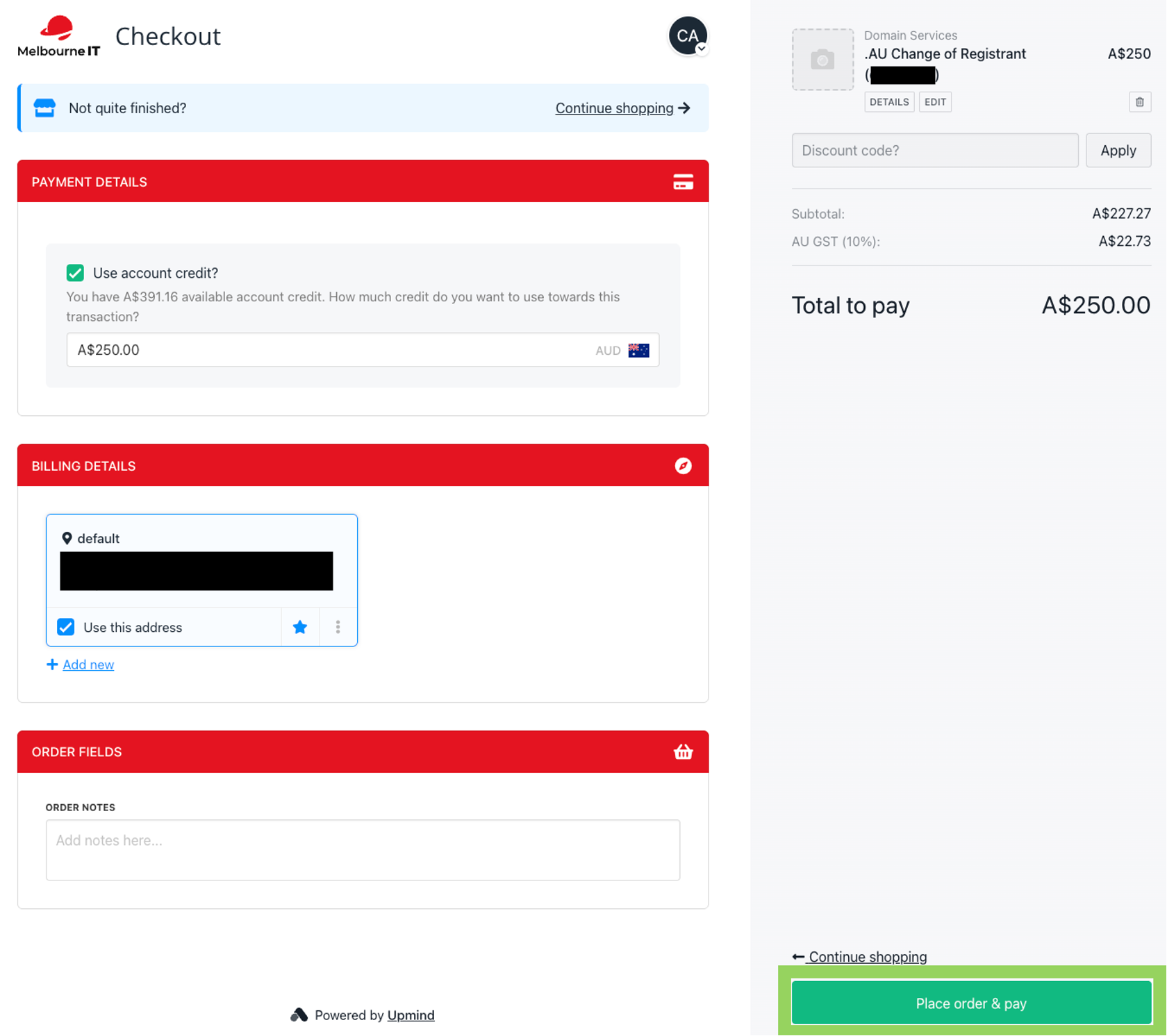 Checkout page showing the order summary and Place order & pay button highlighted