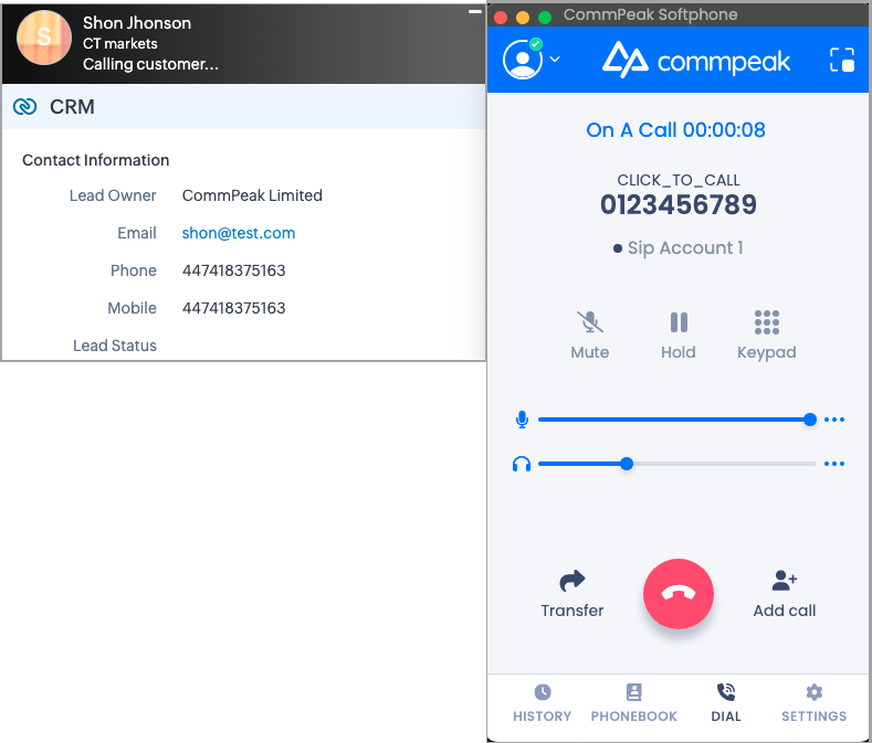 Screenshot of the call with a lead