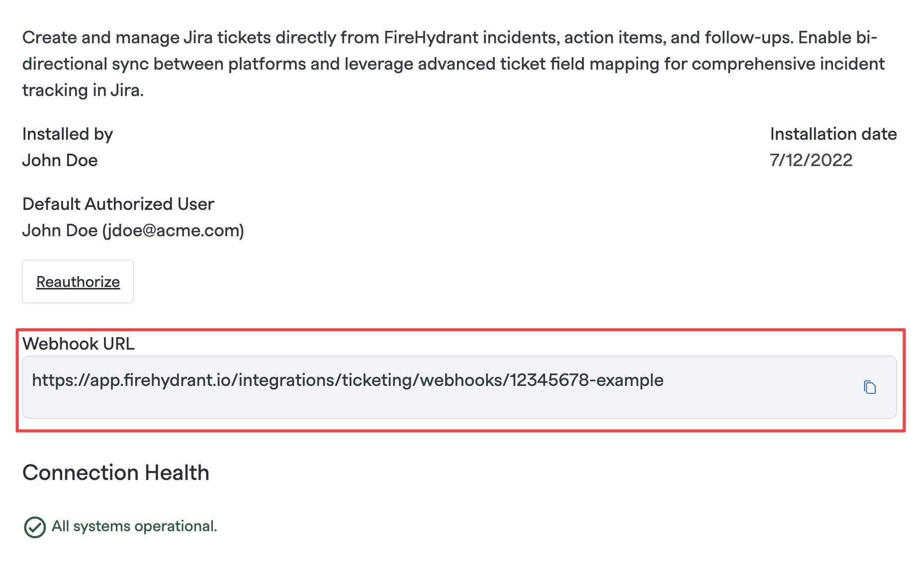 Jira integration settings page with generated webhook URL