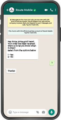 WhatsApp chat mockup showing a business-initiated template message with numbered reply options
