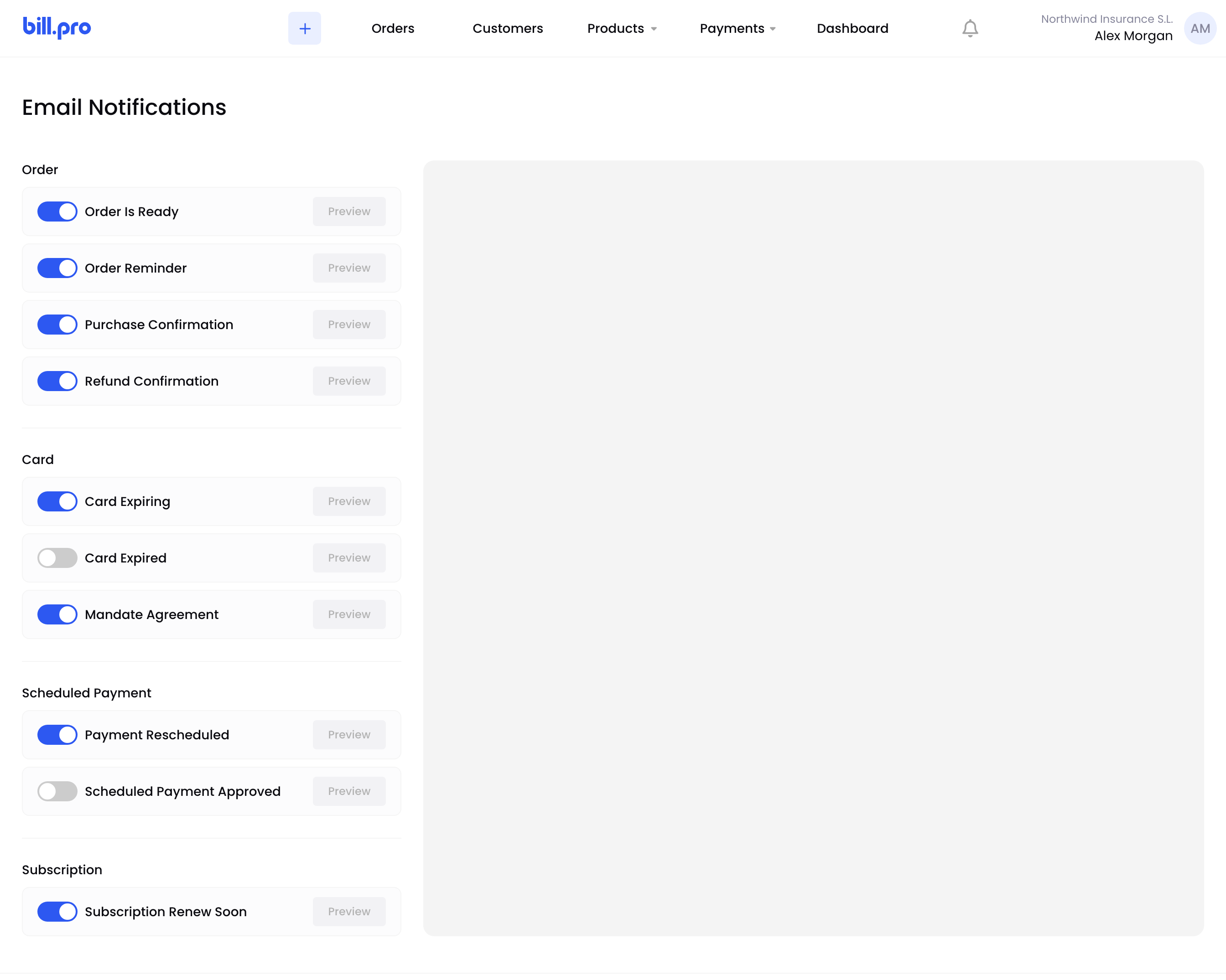 The Email Notifications page grouped by Order, Card, Scheduled Payment and Subscription