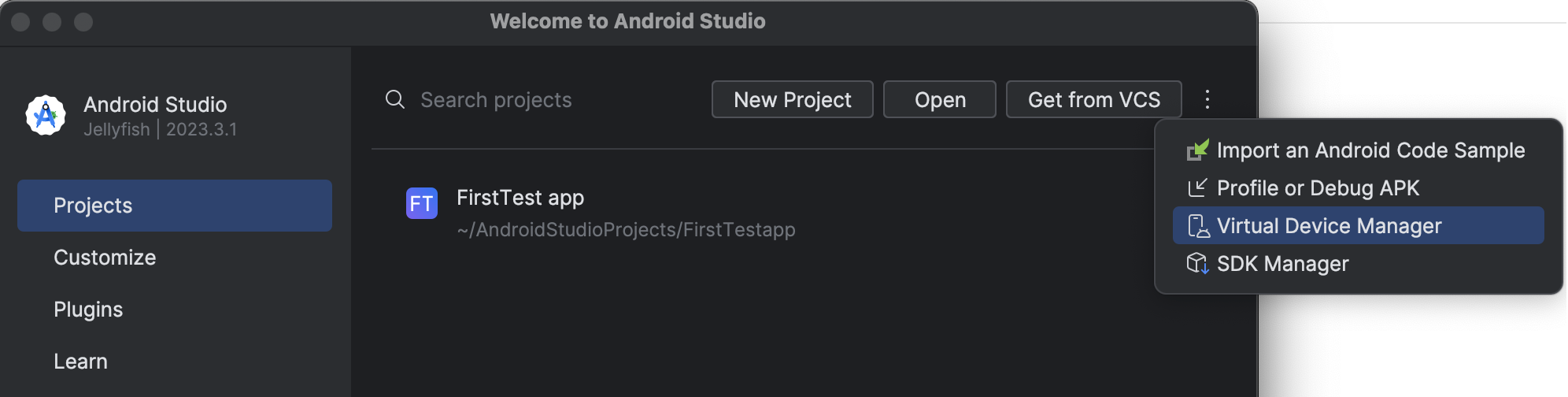 Android Studio: More Tools > click Virtual Device Manager