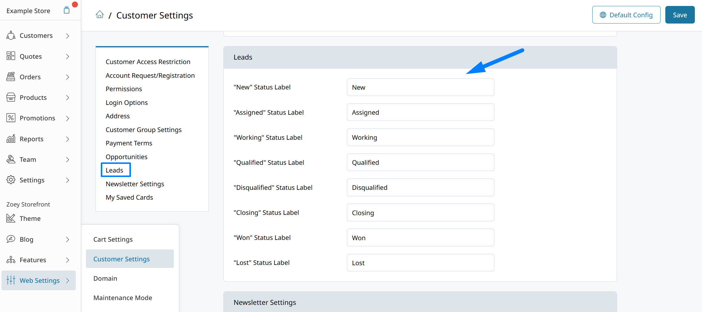 Lead status settings in Zoey
