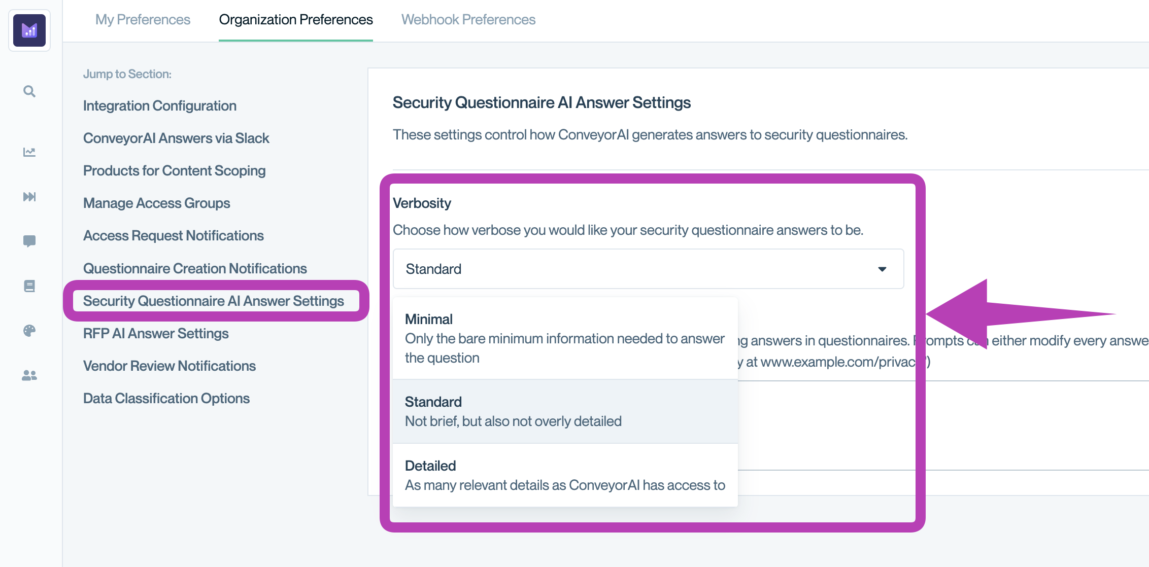 Admins can set default verbosity for Security Questionnaires and RFPs via Organization Preferences