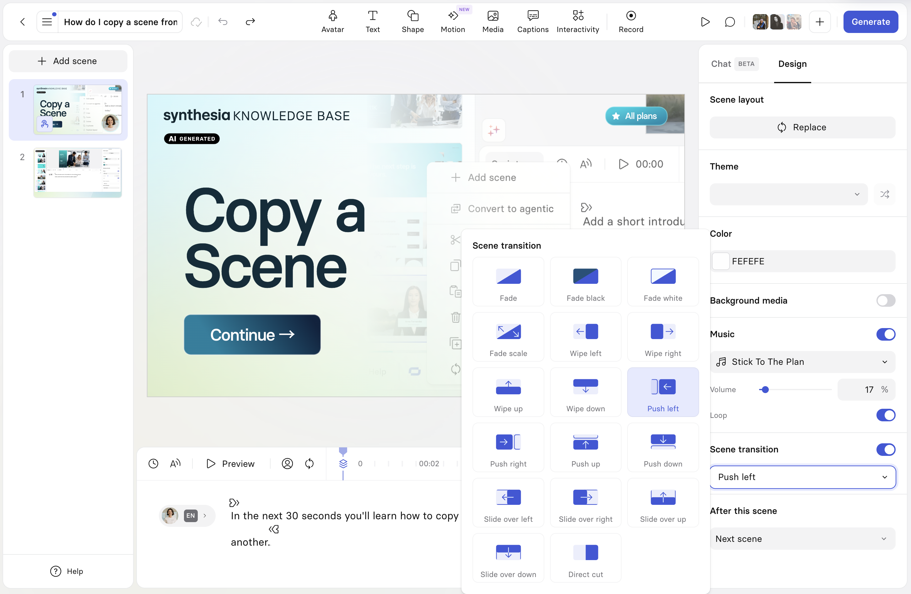 Scene transition options