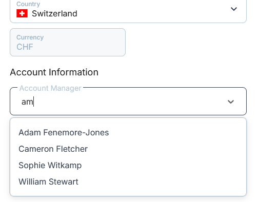 The account manager dropdown at the bottom of the edit client modal