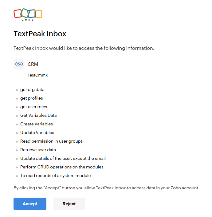 Screenshot with granting access to CommPeak