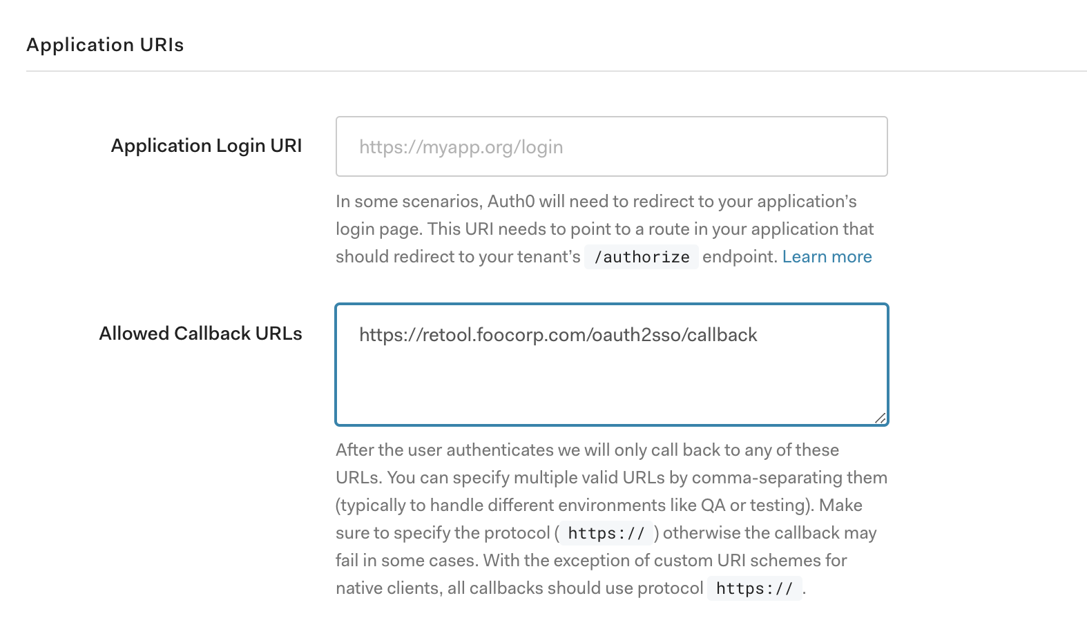 In Auth0, this is found in Settings -> Application URIs