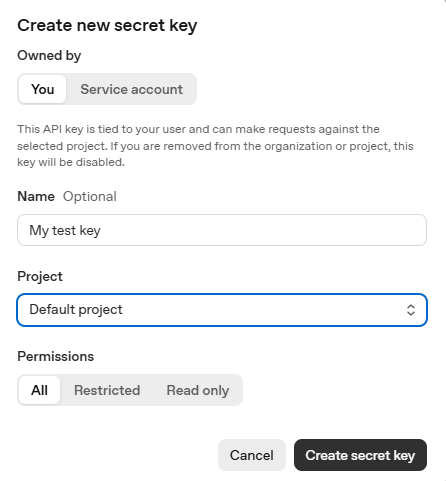 Screenshot of the + Create new secret key window