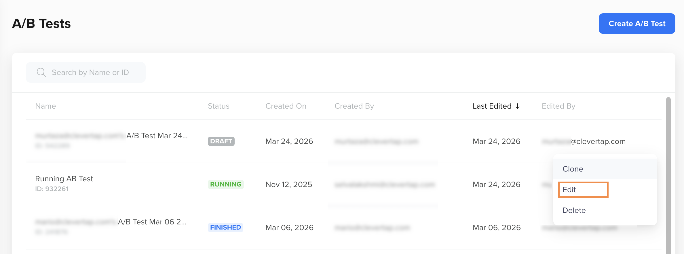 Edit Selected A/B Test