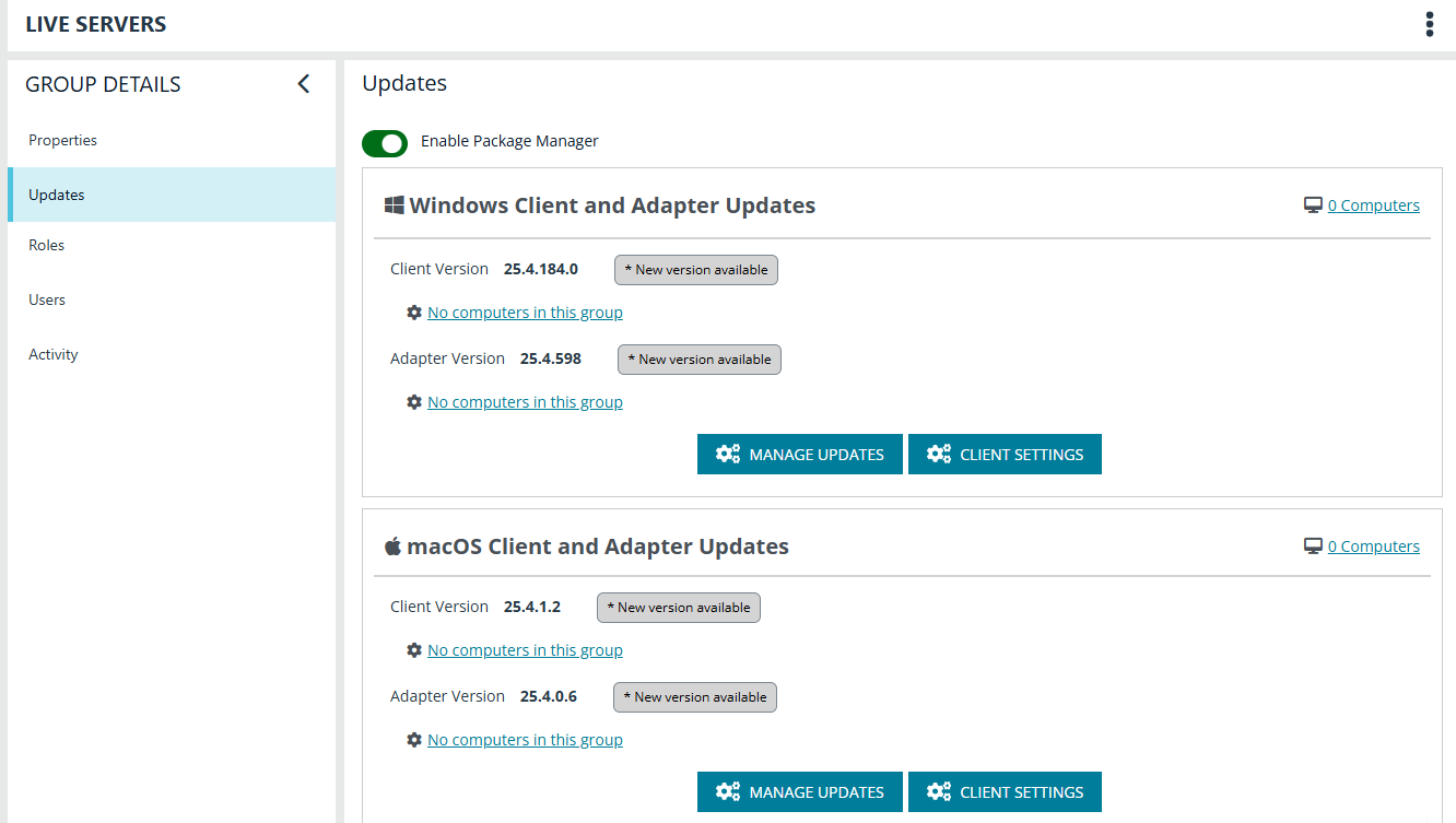 The Updates page in EPM where you can manage versions of clients and adapters.