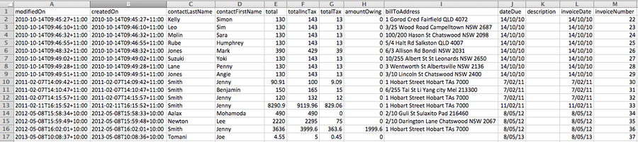 Figure 340. Excerpt of invoice export viewed via excel