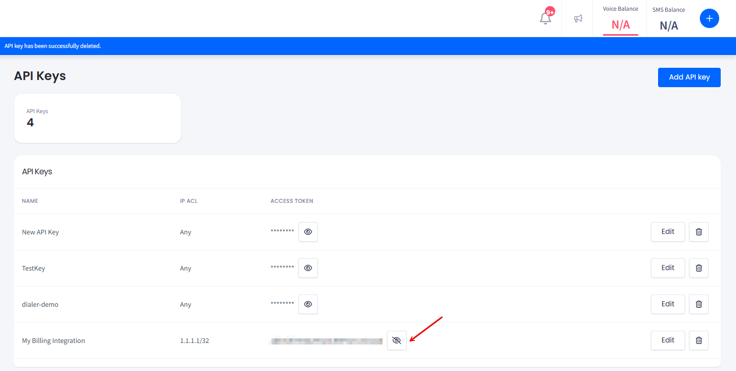 A revealed access token in the API Keys list