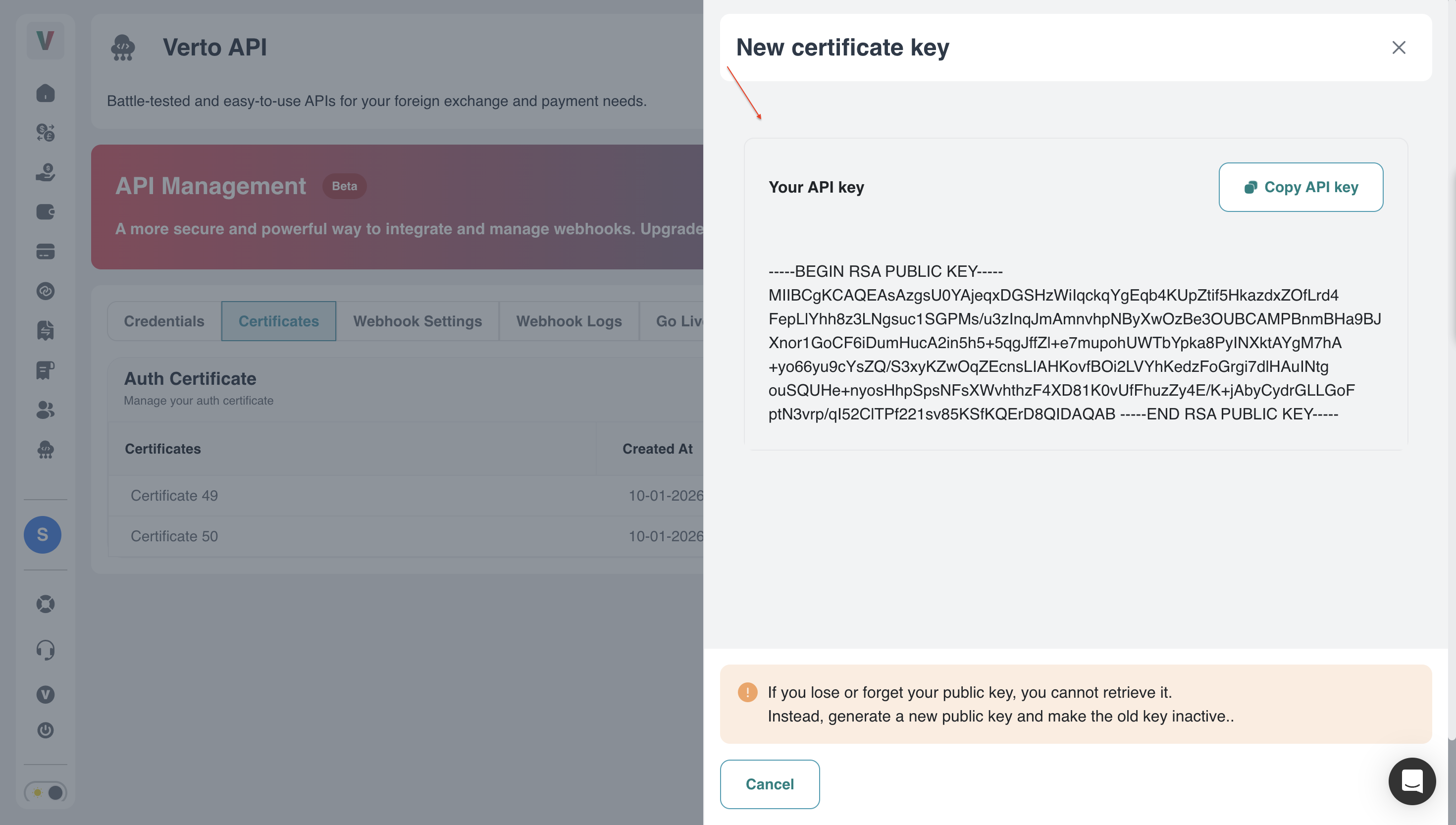 Screenshot: New certificate key modal