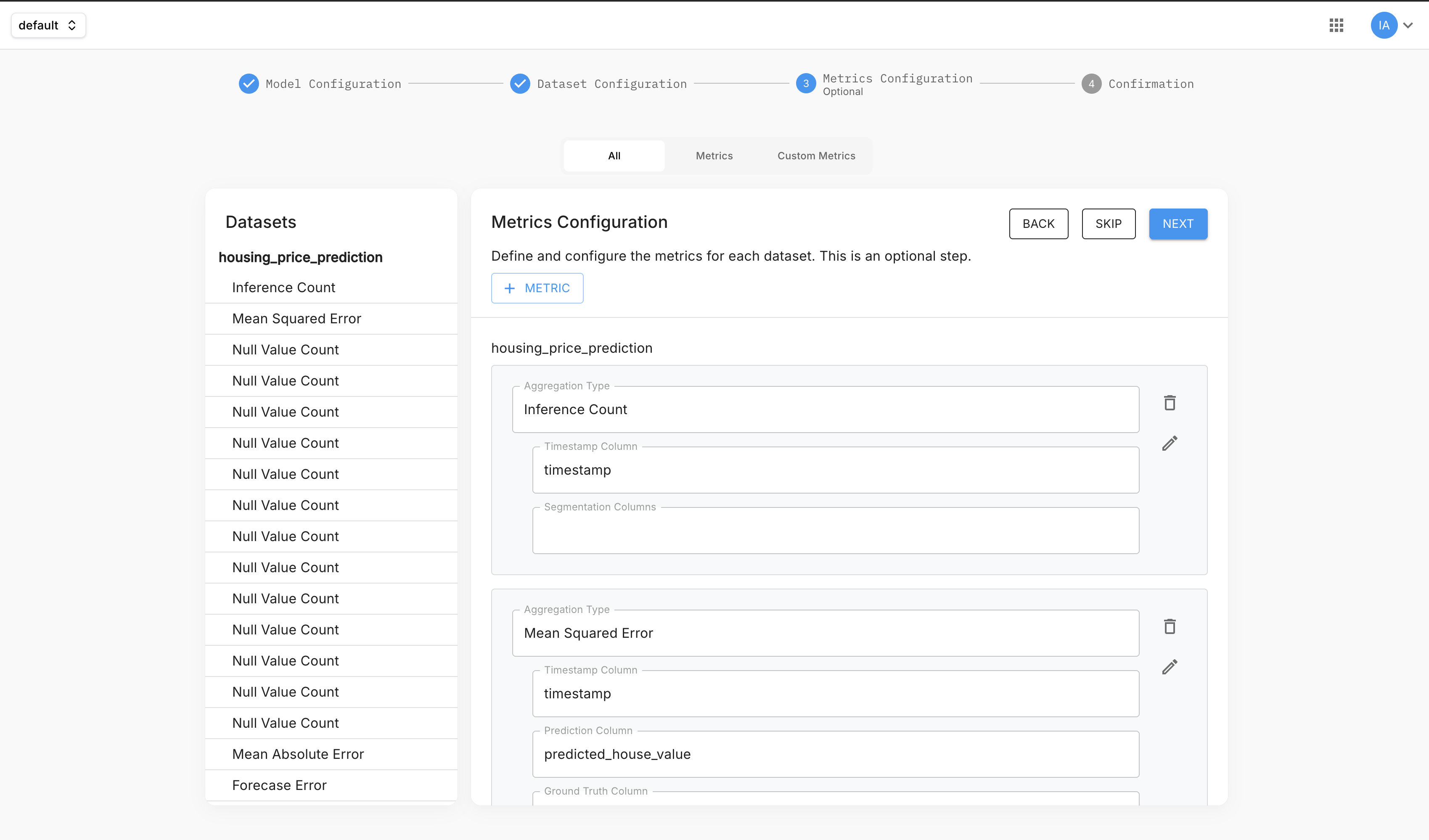 Metrics Configuration step in the application creation flow