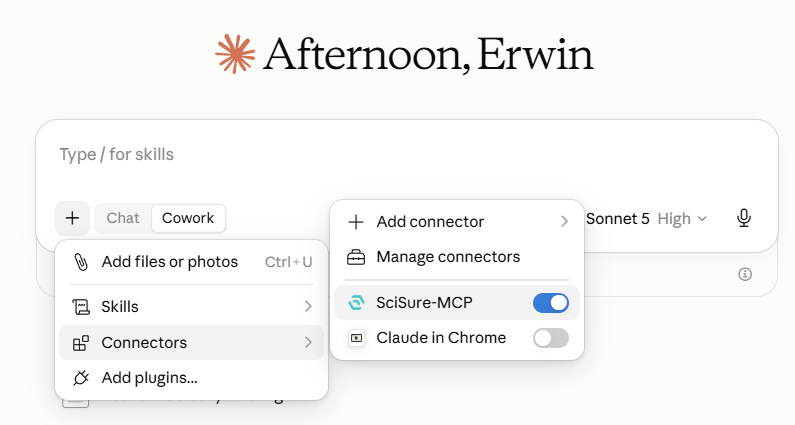 Claude chat menu showing SciSure-MCP enabled under Connectors