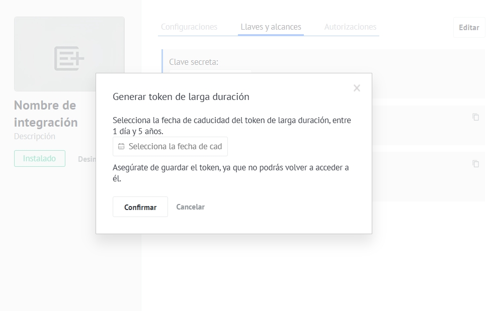 The user selects the expirations date of the token and it is valid from 1 day to 5 years.