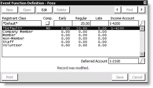 From Events, select Define an event, enter or open an event, enter or open an event function, and select More > Fees