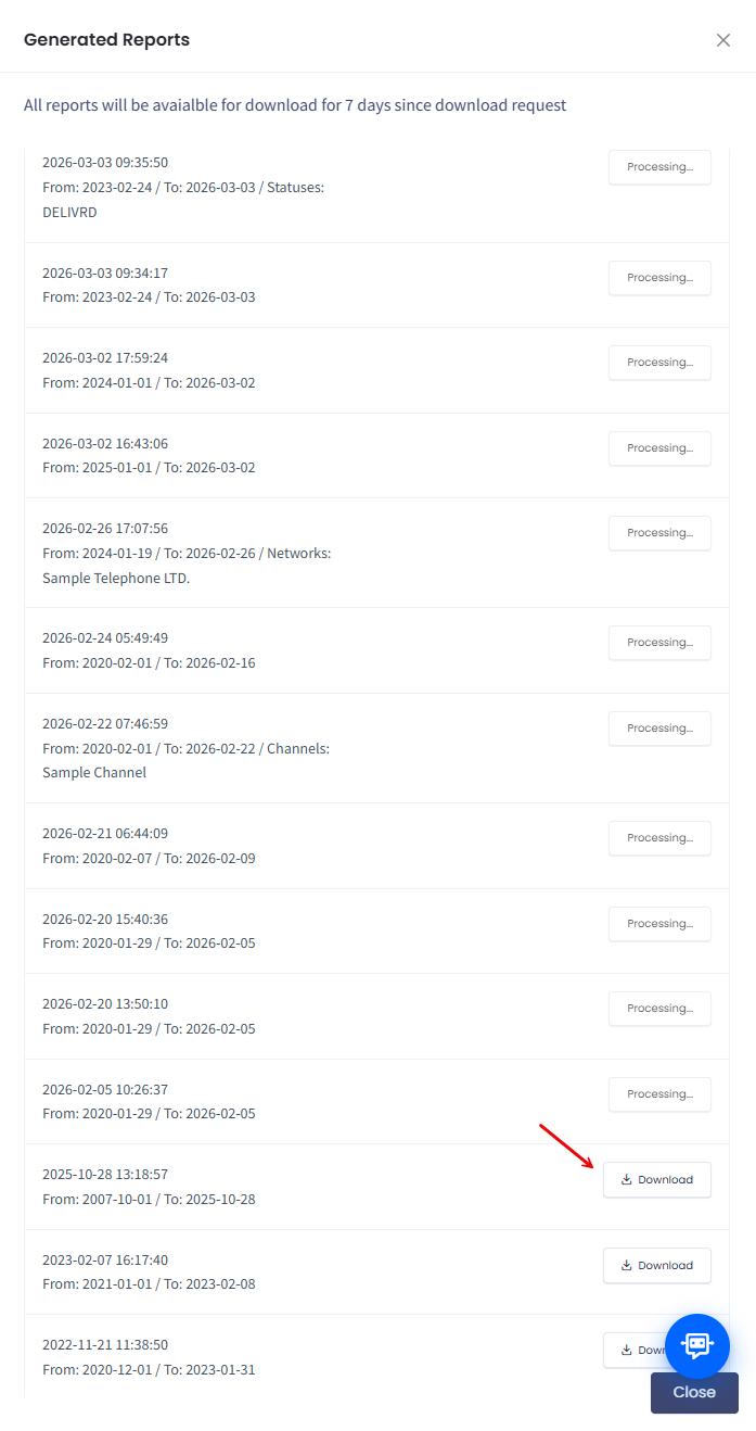 Screenshot of the generated reports download buttons