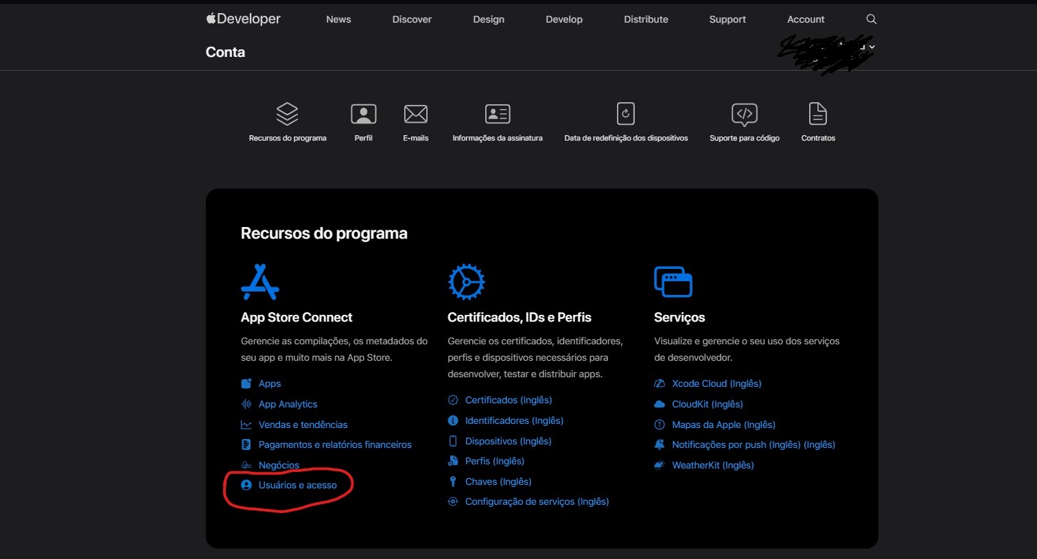 Tela da conta Apple Developer com acesso à área de usuários e acesso