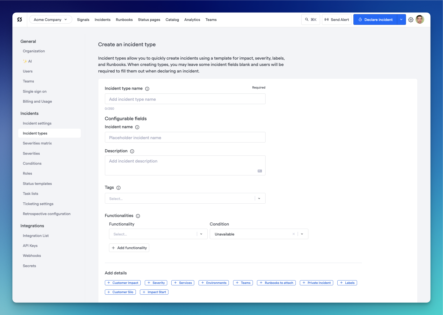 Incident type creation page