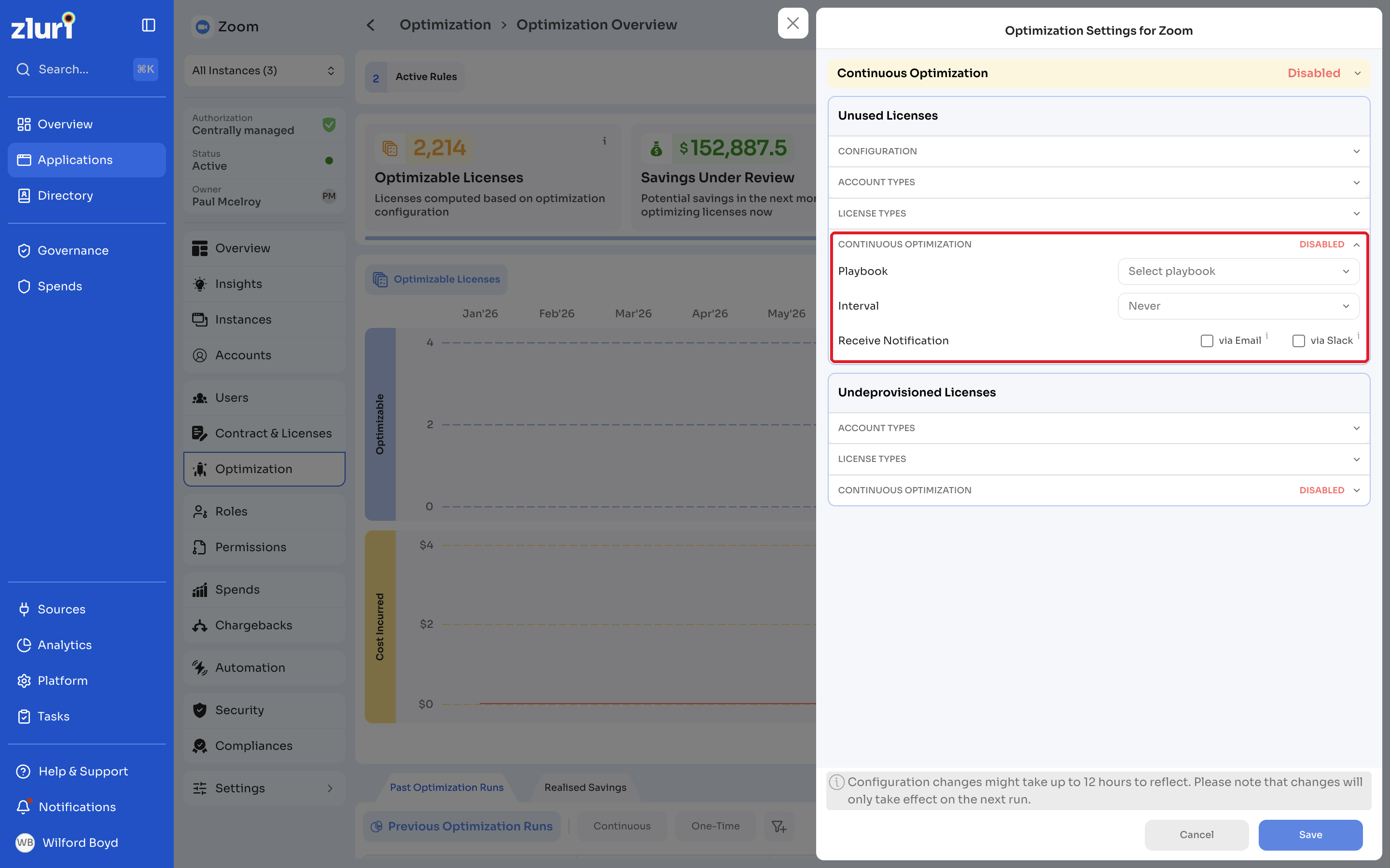Continuous Optimization settings with Playbook, Interval, and Receive Notification
