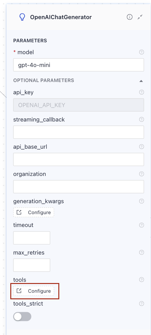 The ChatGenerator card with the Configure button under the tools parameter highlighted