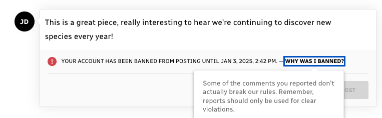 Example shows user who has received a posting ban 