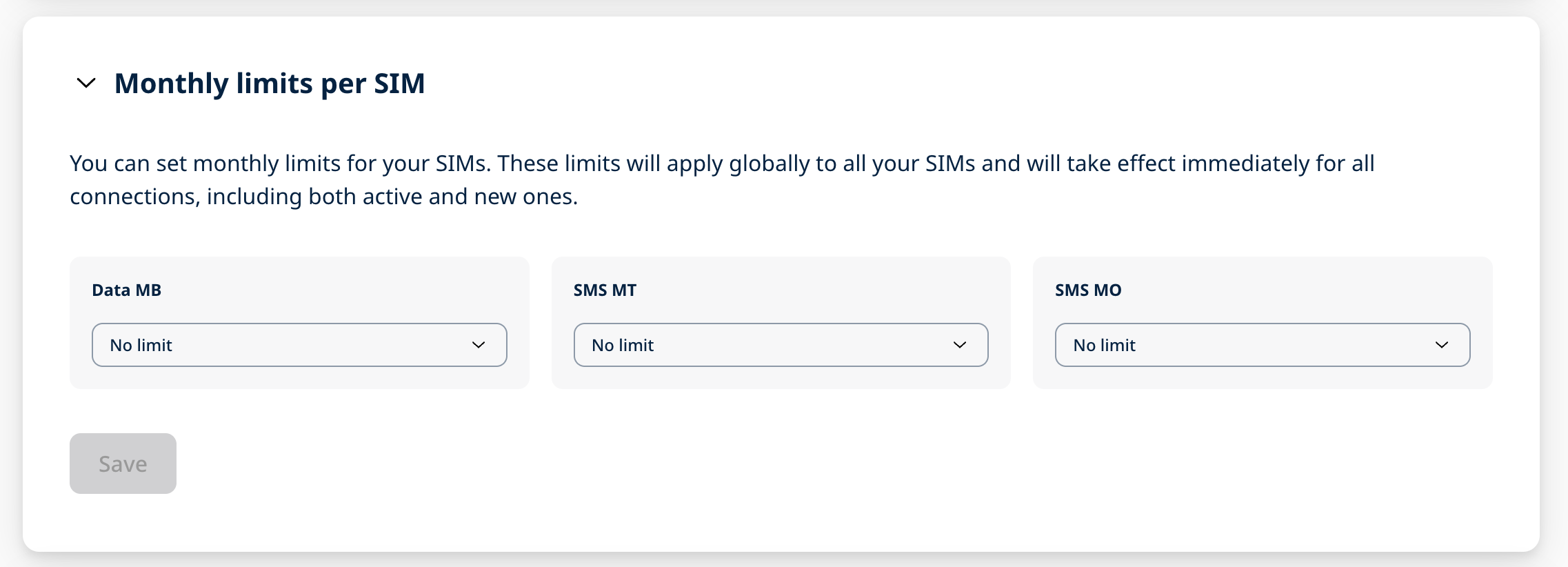 Monthly Limits configuration for Data and MO-/MT-SMS.