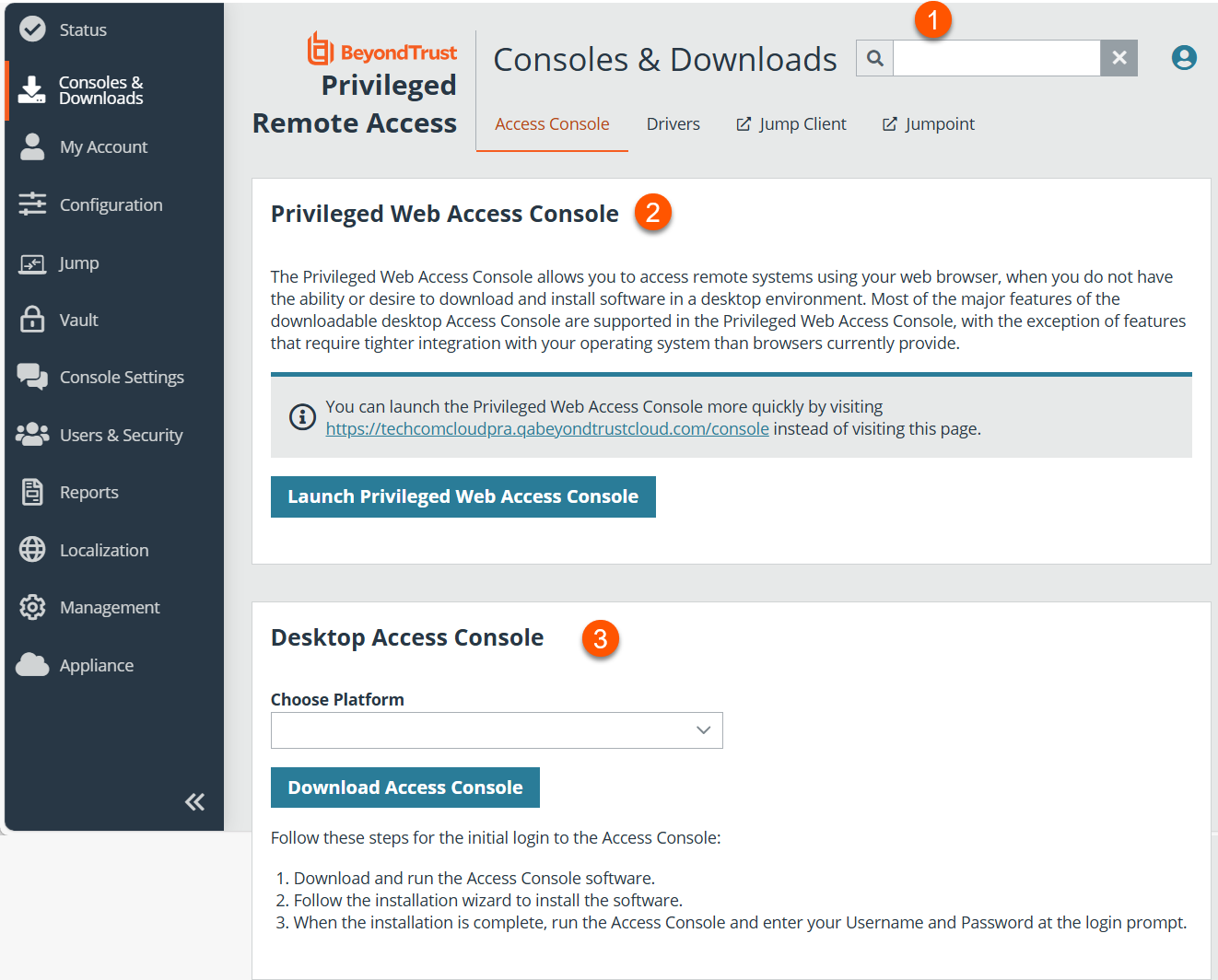 An image of the "Consoles & Downloads" section in the BeyondTrust Privileged Remote Access interface. It includes options to launch the Privileged Web Access Console via a button and direct link, and to download the Desktop Access Console with a platform selection dropdown, a "Download Access Console" button, and step-by-step login instructions