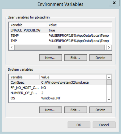 Environment Variables dialog