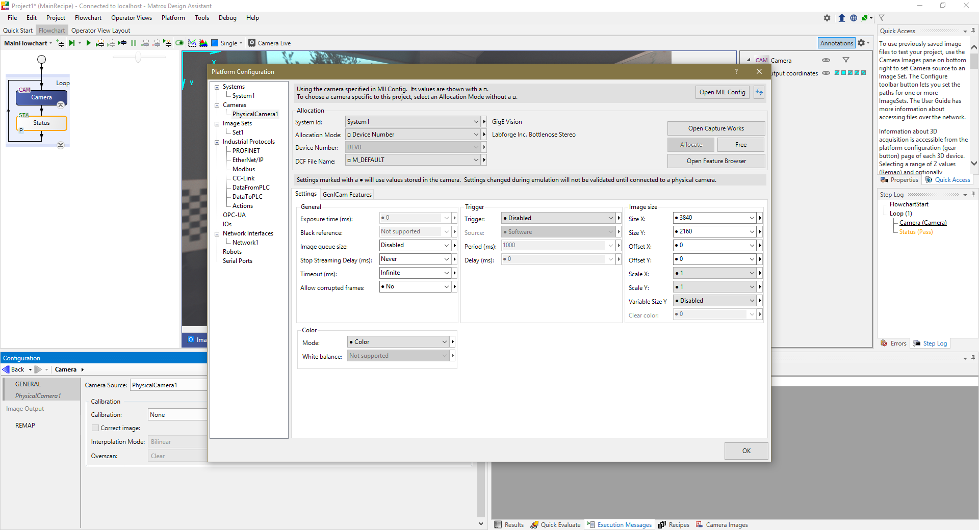 A view of the Matrox Design Assistant X1® Platform Configuration showing properties of a connected Bottlenose camera.