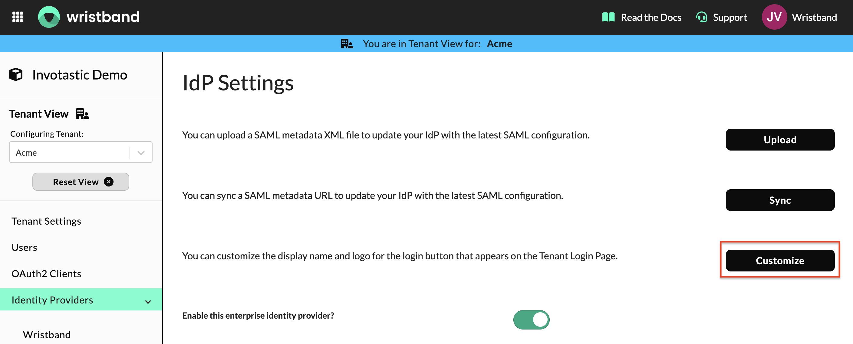 Wristband: IdP Settings page with the Customize button highlighted