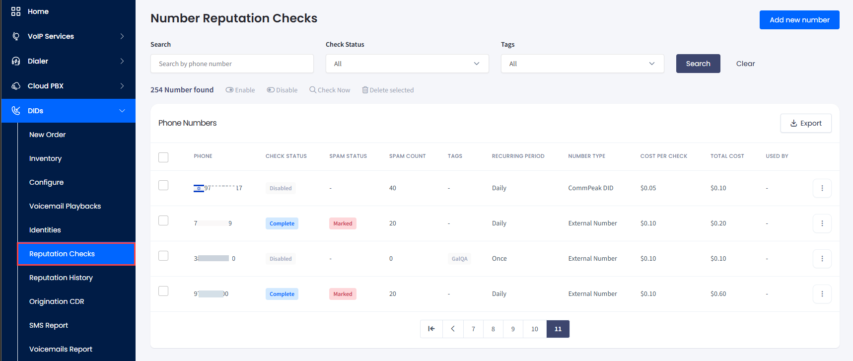 Screenshot of the Number Reputation Checks page
