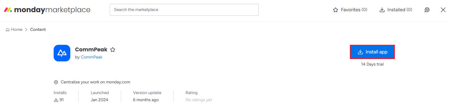 Scrennshot of the CommPeak Install app option