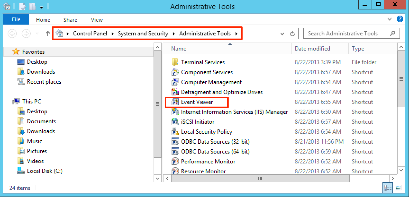 A screenshot of the Windows UI detailing how to access application log errors